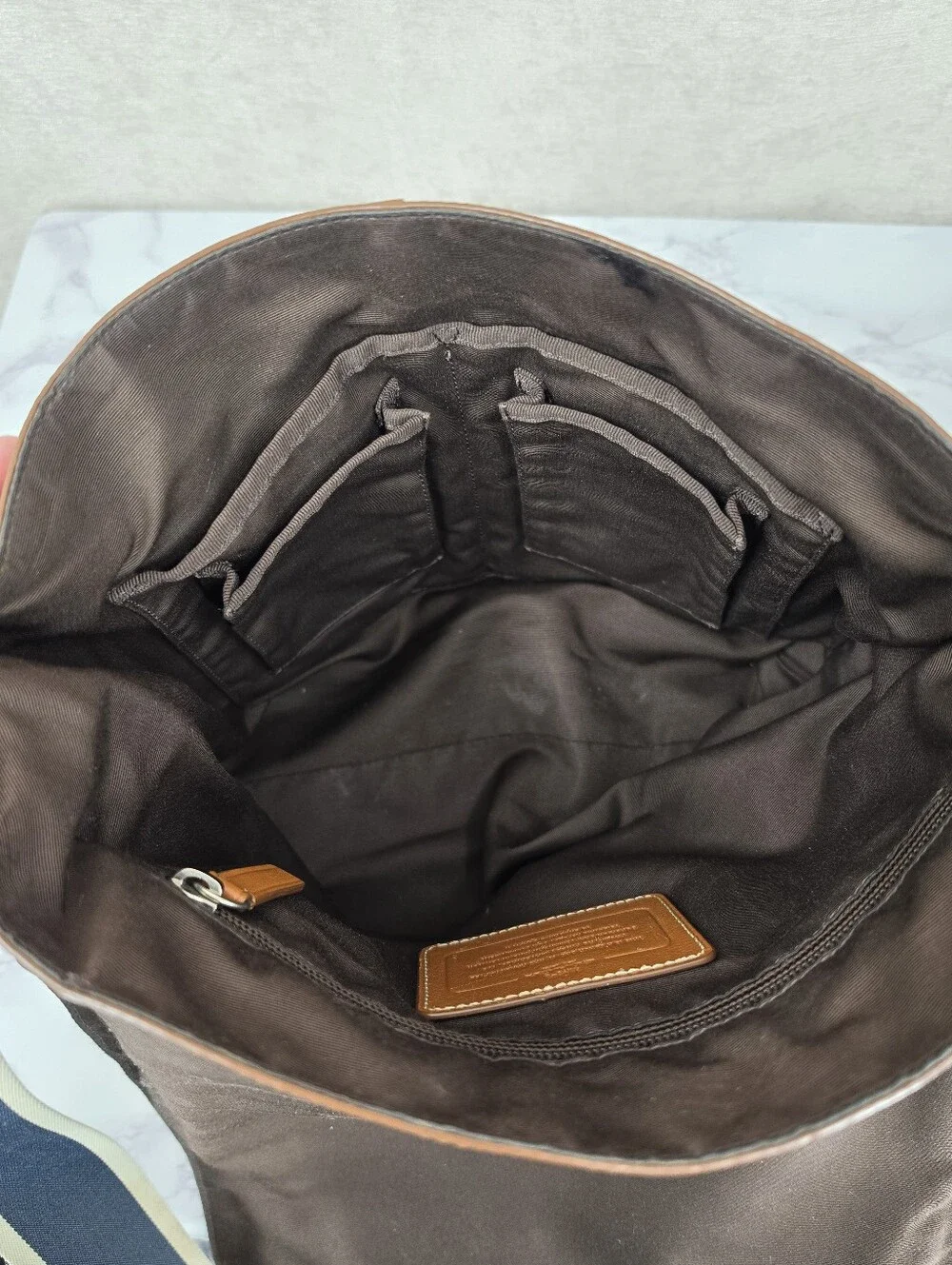 Coach Tan Leather Messenger Bag with Navy Web Strap